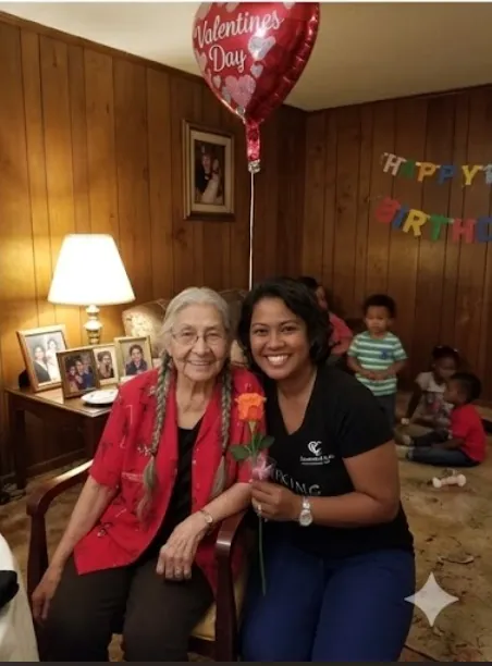 Caregiver celebrating Valentine's Day with a senior client